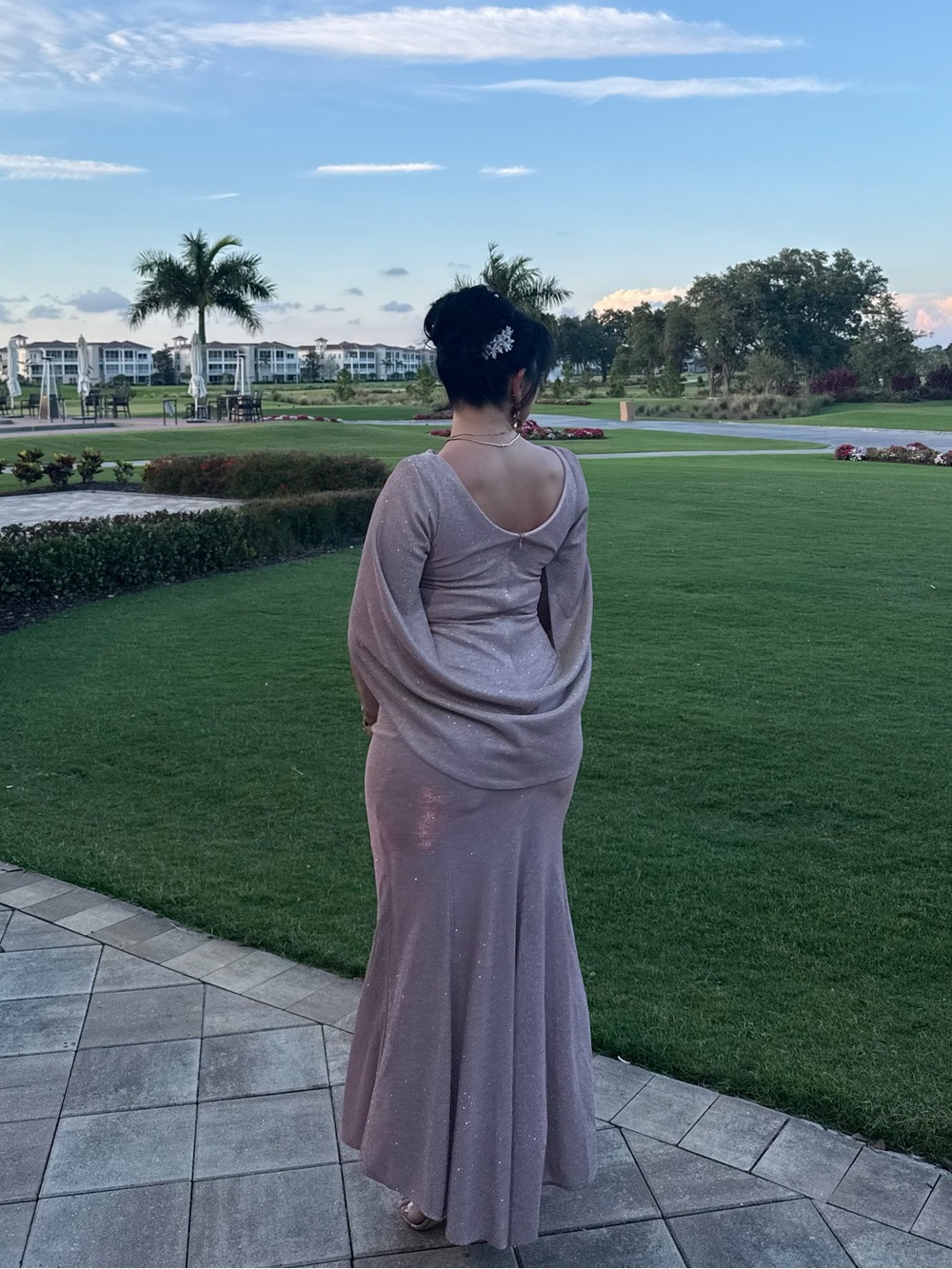 Betsy & Adam Glitter Rose Pink Evening Gown